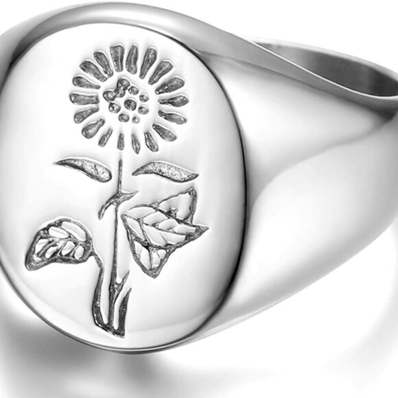 Stainless Steel Sun Flower Pattern Signet Style Wedding Engagement Promise Anniv - Picture 1 of 4